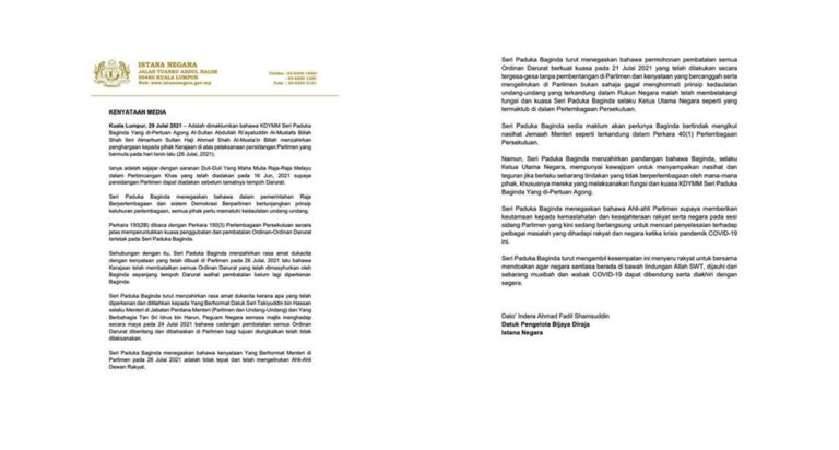 Agong Zahir Dukacita, Pembatalan Ordinan Darurat Dibuat Sebelum Perkenan Baginda