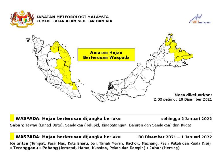 Hujan Berterusan Dijangka Melanda Lima Negeri