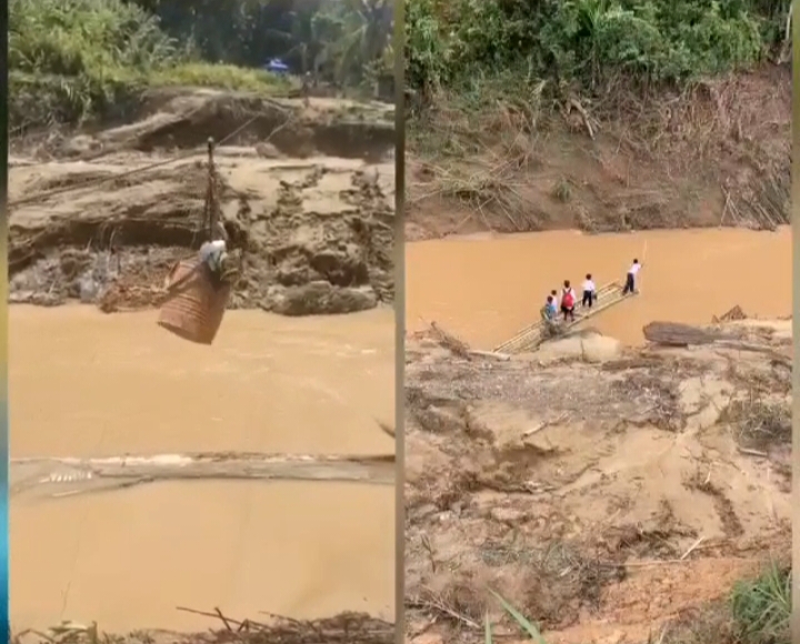 Tular di media sosial video beberapa murid sekolah menyeberangi sungai di Kg Nangkawangan, Nabawan. - Foto Zazila Roslan (Facebook)