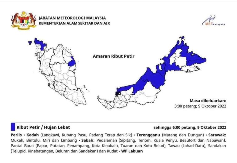 Amaran hujan lebat di enam buah negeri