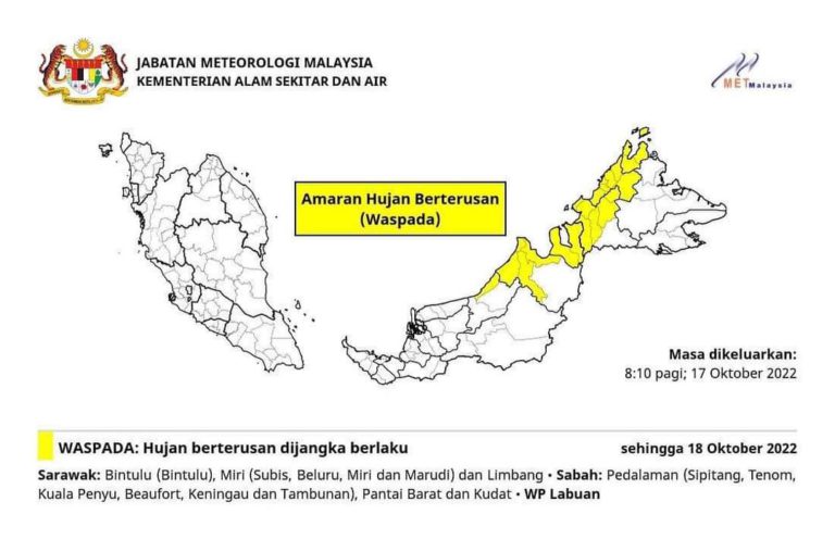 Amaran hujan berterusan tahap waspada di Sarawak, Sabah, Labuan