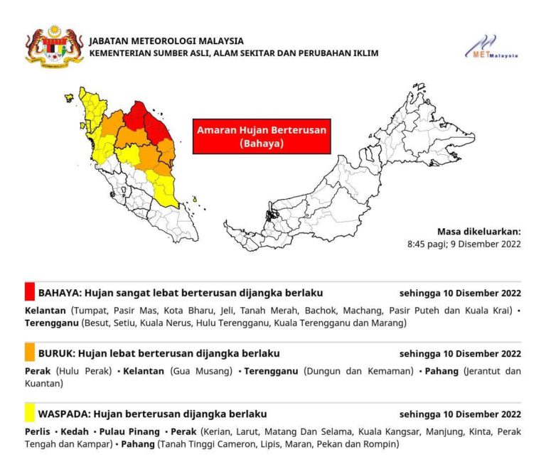 Hujan lebat tahap bahaya di Kelantan, Terengganu hingga esok 