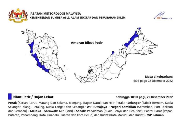 Lapan negeri berdepan hujan lebat, ribut petir pagi ini