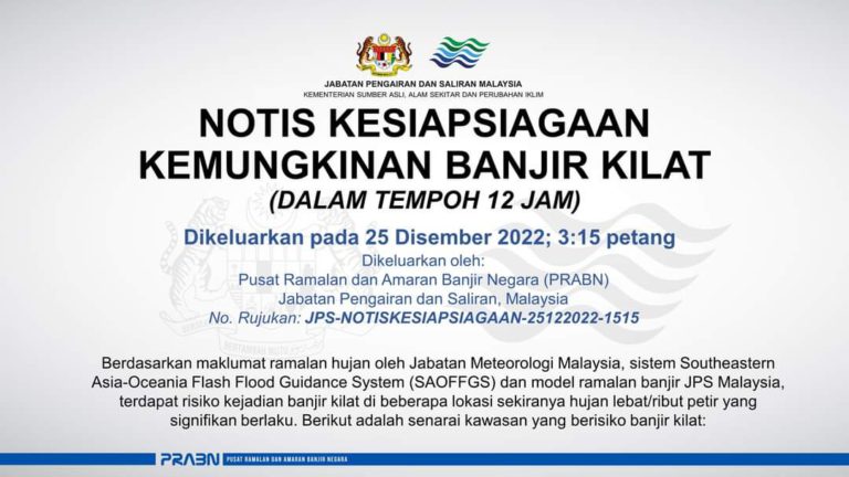 Risiko banjir kilat di lima daerah di Sabah dalam tempoh 12 jam