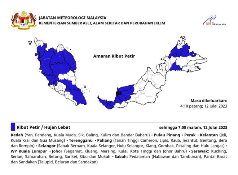 Amaran ribut petir di 11 buah negeri petang ini