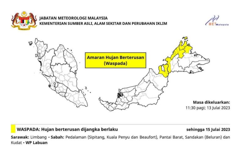 MetMalaysia keluar amaran hujan berterusan tahap waspada di tiga negeri
