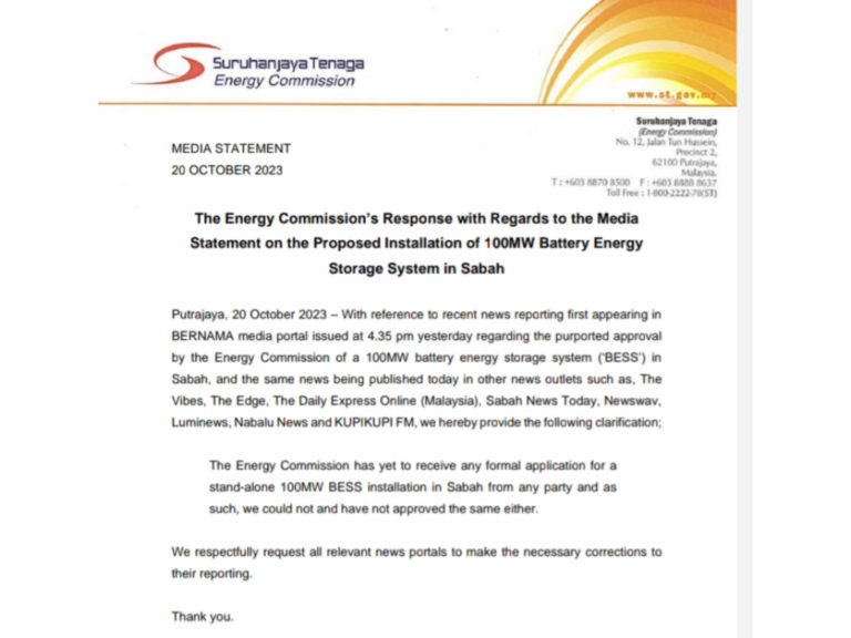 Suruhanjaya Tenaga nafi lulus BESS 100MW di Sabah