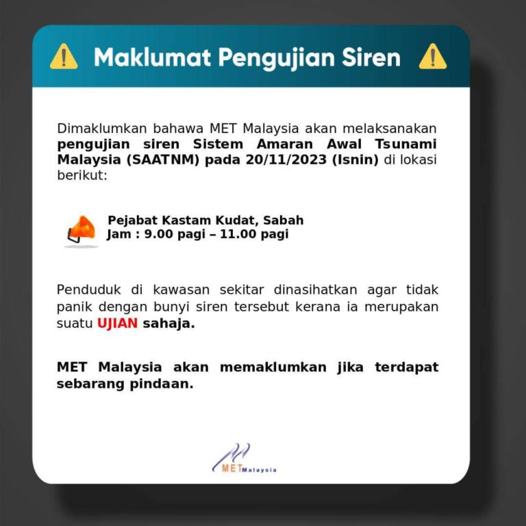 MetMalaysia laksana ujian siren Sistem Amaran Awal Tsunami di Kudat