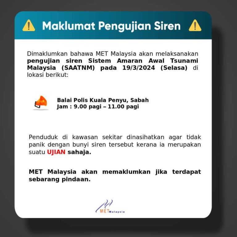 Ujian siren Sistem Amaran Awal Tsunami di Kuala Penyu esok