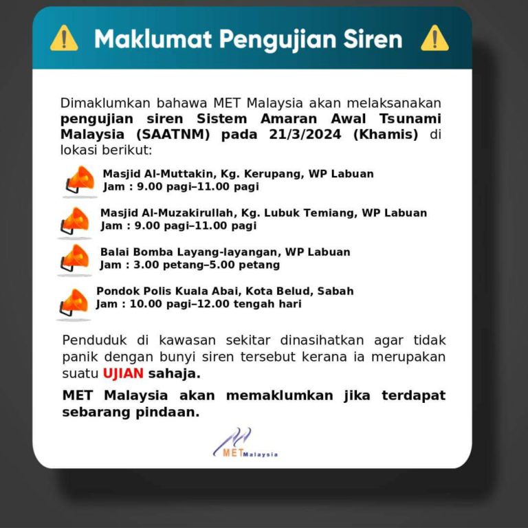 MetMalaysia laksana ujian siren amaran awal tsunami di Labuan dan Kota Belud