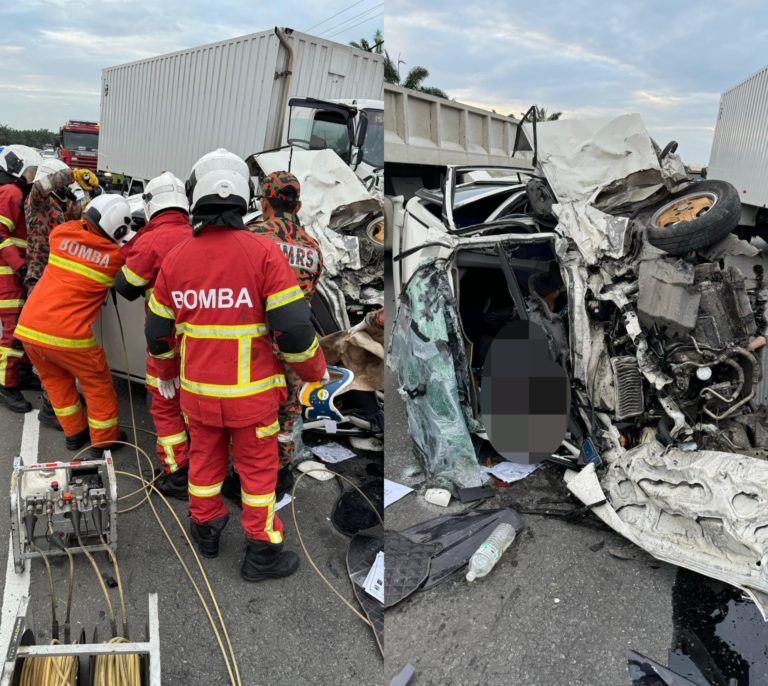 Satu maut, seorang parah, Perodua Viva bertembung lori 10 tan