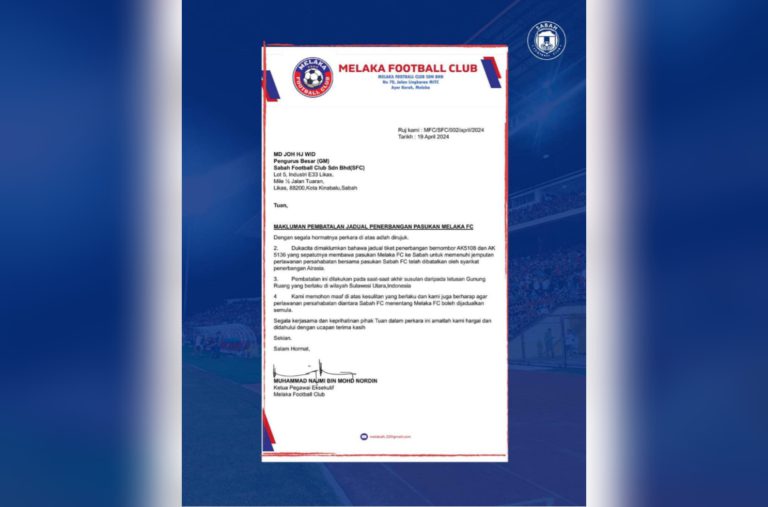 Perlawanan persahabatan Sabah FC menentang Melaka FC malam esok dibatalkan