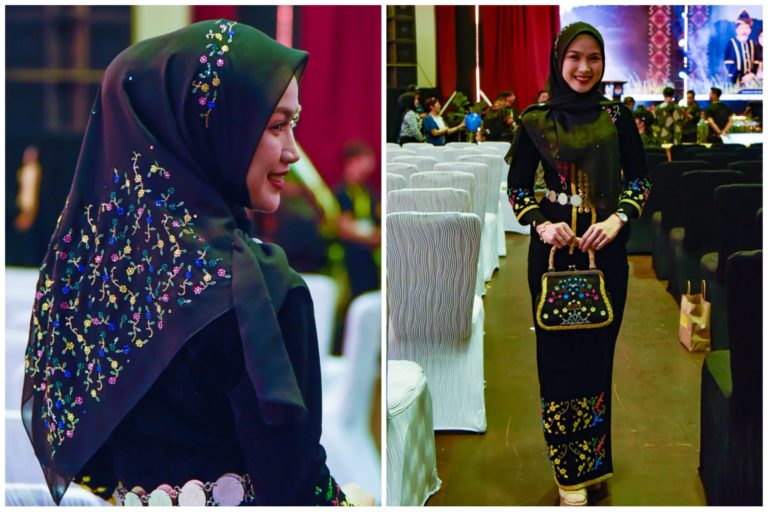 Keunikan Sabung Labuk hiasi tudung bertatahkan batu Swarovski