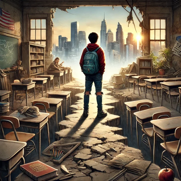 DALL·E 2024-12-06 10.08.09 - A powerful illustration symbolizing student dropout issues, featuring a teenager standing on the edge of a crumbling school pathway, looking back at a