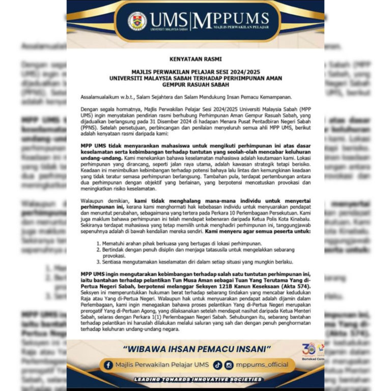 MPP UMS bimbang risiko perhimpunan, komited perangi rasuah secara beretika