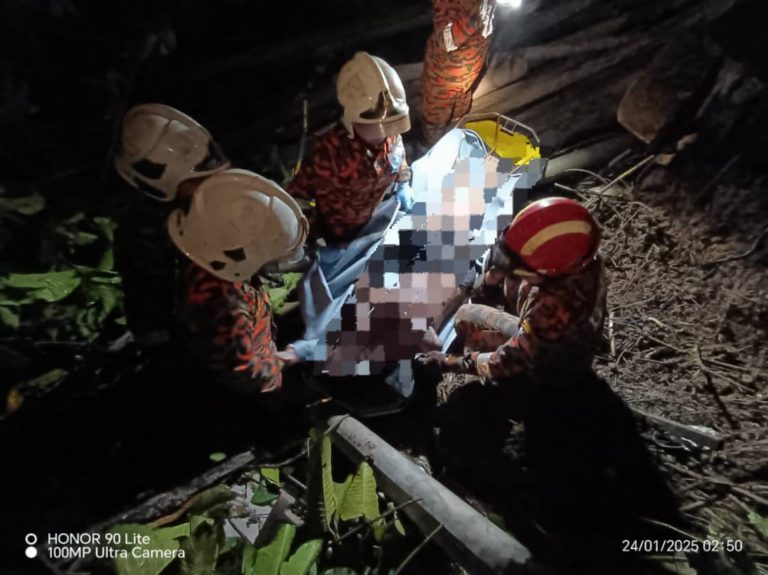 Pemandu maut tertimbus selepas lori treler terjunam dalam gaung