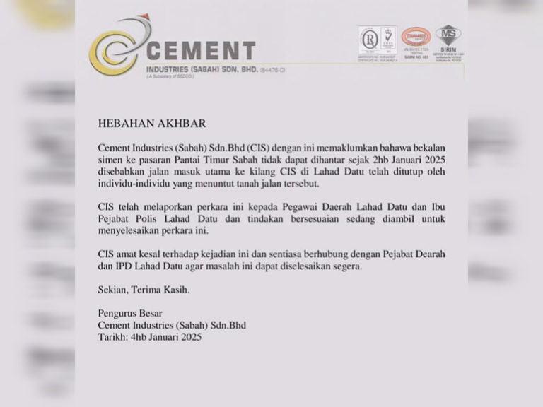 Bekalan Simen ke Pantai Timur Sabah Tergendala Akibat Jalan Ditutup