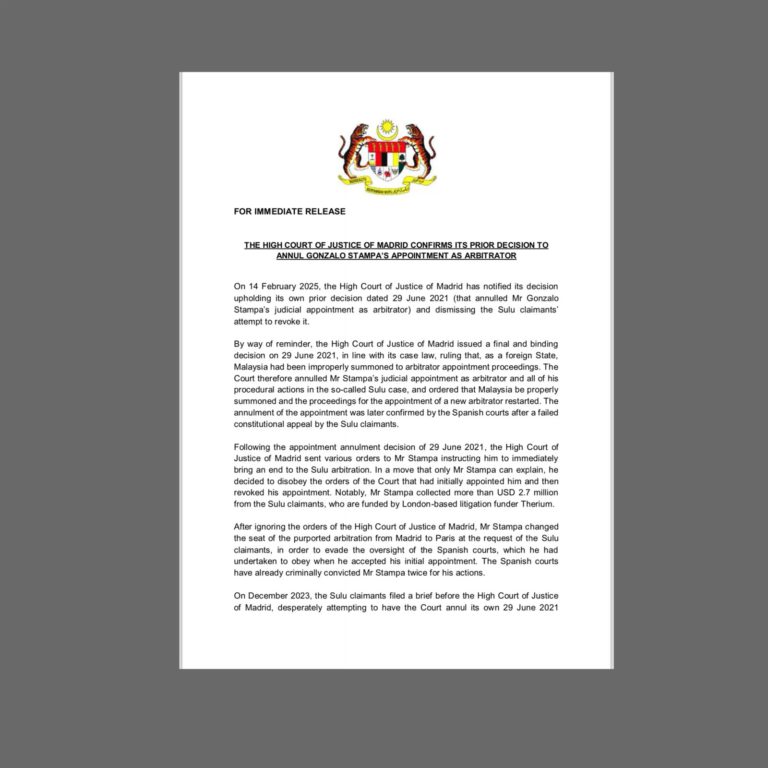 Mahkamah Madrid Sahkan Pembatalan Pelantikan Penimbang Tara Kes Sulu