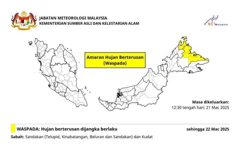 Hujan berterusan tahap waspada landa Sabah sehingga Sabtu
