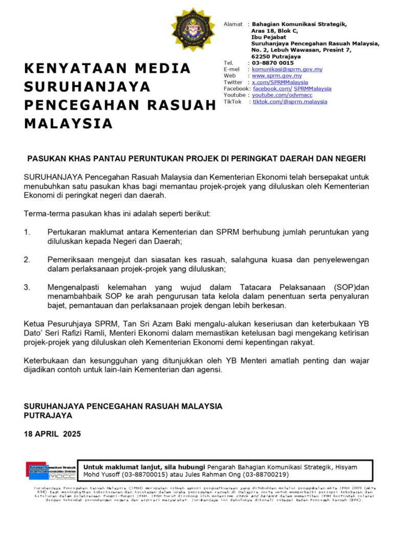 SPRM, Kementerian Ekonomi tubuh Pasukan Khas Pantau Peruntukan Projek Negeri dan Daerah