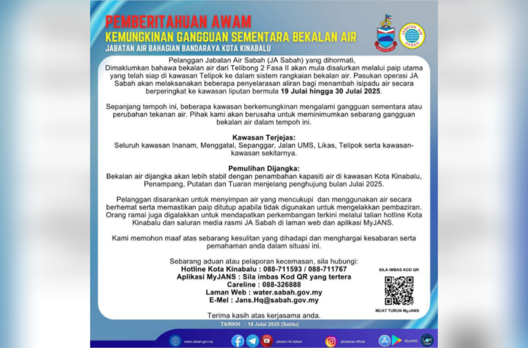 Beberapa kawasan di KK alami gangguan air sehingga akhir Julai