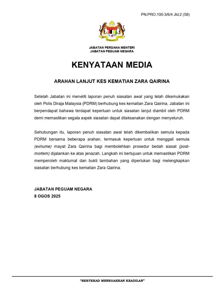 PDRM Diarah Siasat Lanjut Kes Kematian Zara Qairina, Termasuk Proses Exhumasi