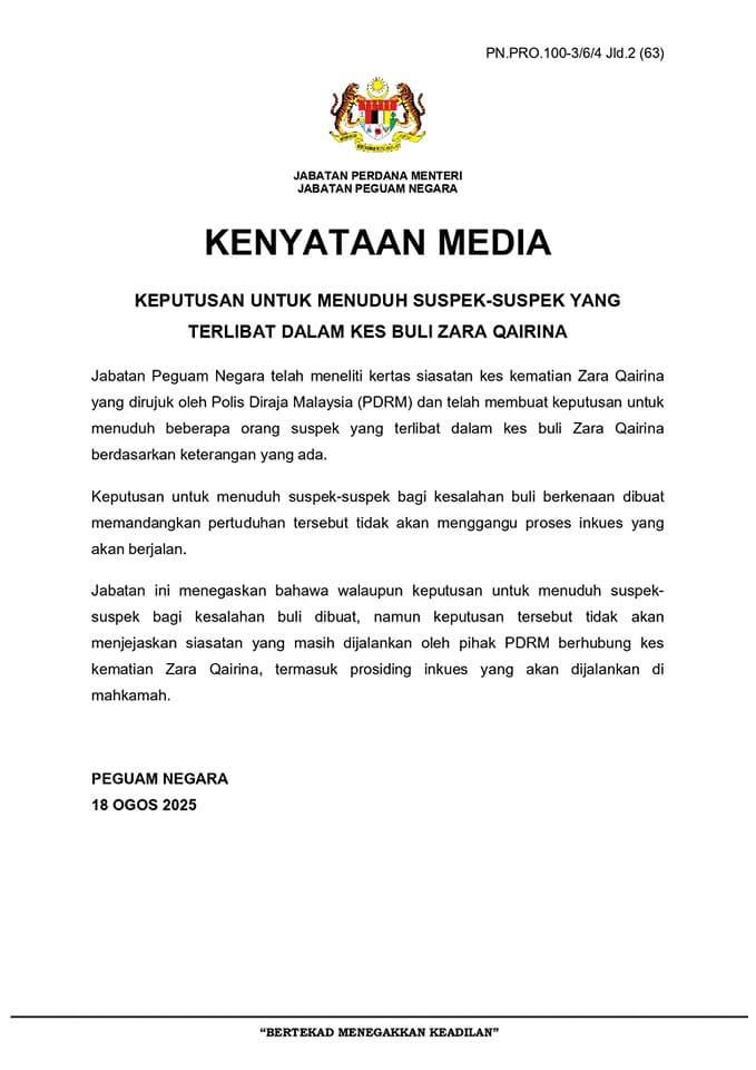 Beberapa Suspek Kes Buli Zara Qairina Akan Dituduh – Peguam Negara