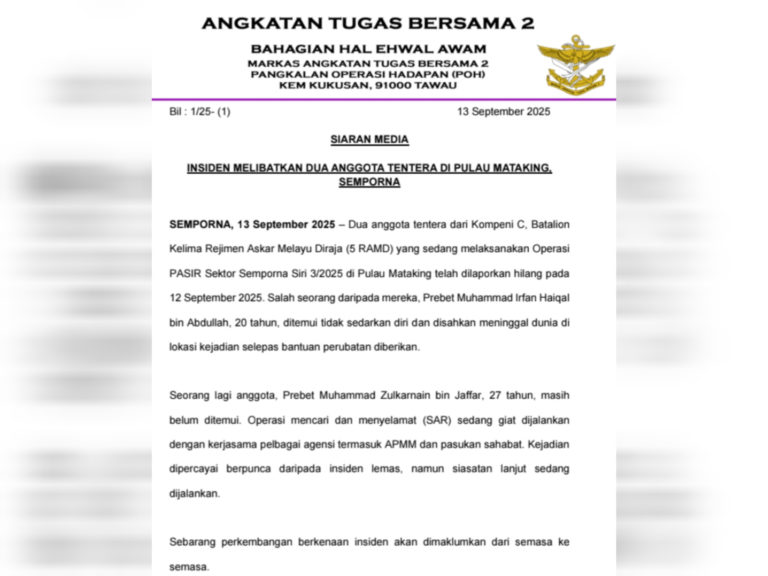 Anggota tentera maut, seorang lagi hilang di Pulau Mataking