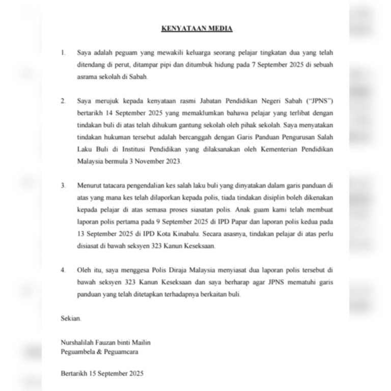 Tindakan gantung sekolah kes buli disiasat polis bercanggah garis panduan KPM – Peguam