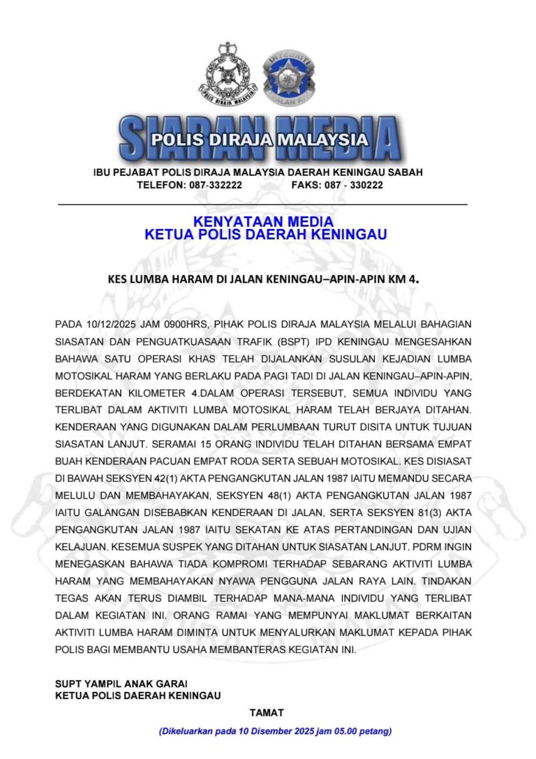 15 Ditahan Dalam Ops Khas Lumba Haram Di Jalan Keningau–Apin-Apin