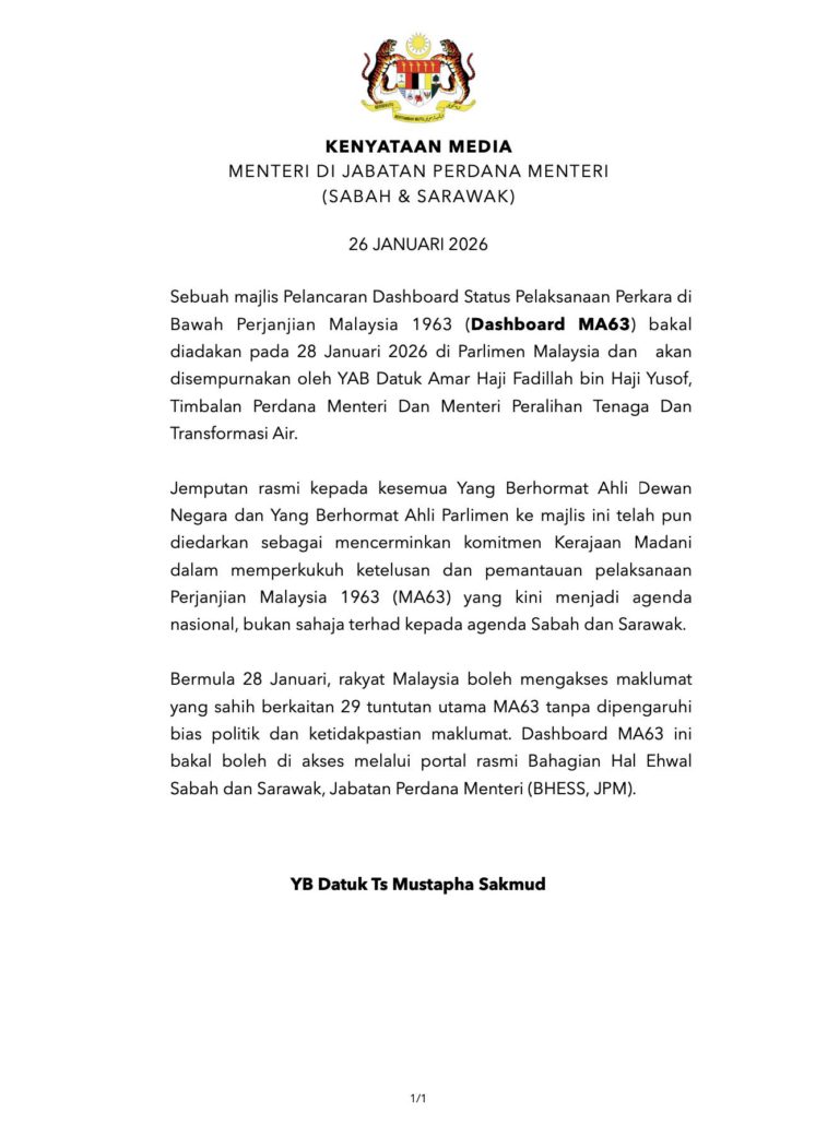 Kerajaan Lancar Dashboard MA63 di Parlimen Rabu ini – Mustapha Sakmud