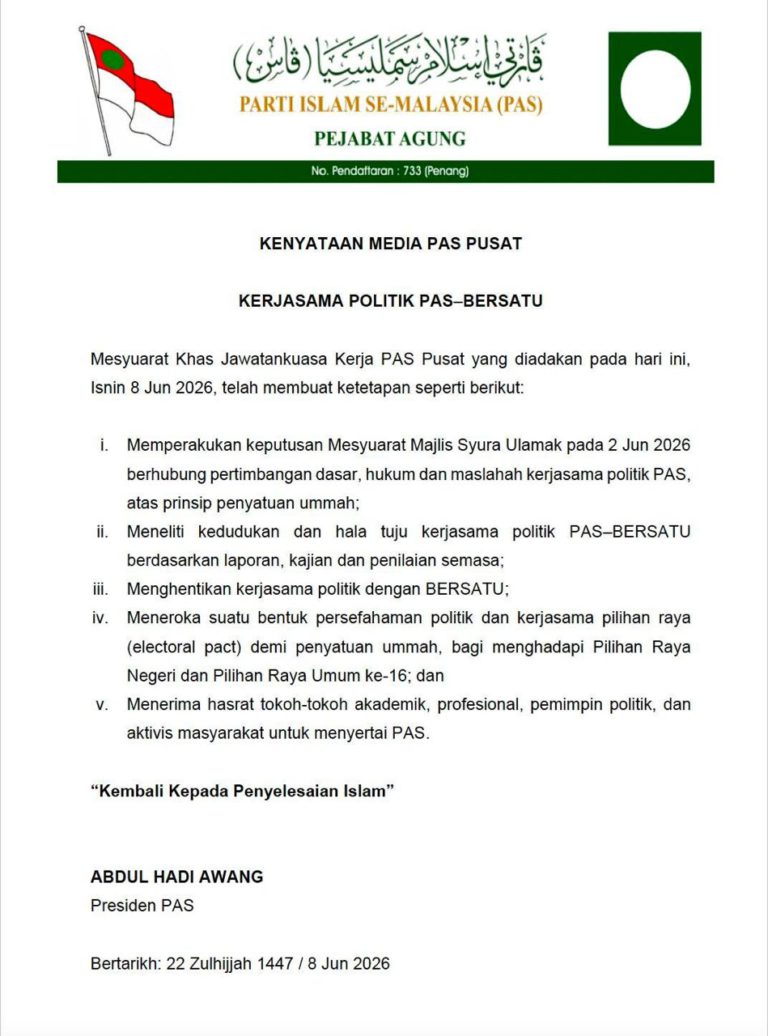 PAS Tamatkan Kerjasama Politik Dengan BERSATU, Teroka Pakatan Pilihan Raya Baharu