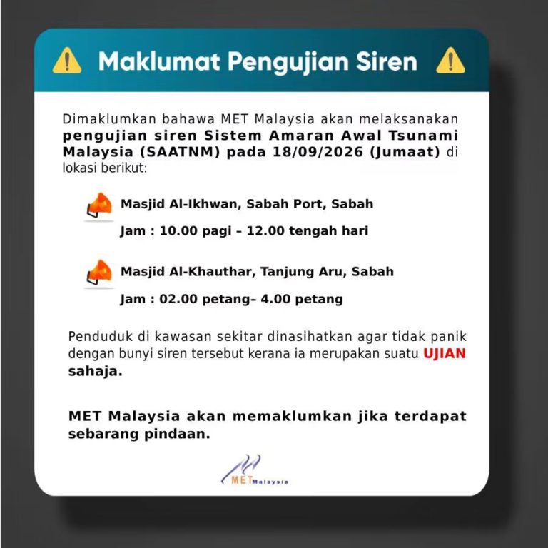 Ujian siren tsunami dilaksana di dua lokasi di Sabah hari ini